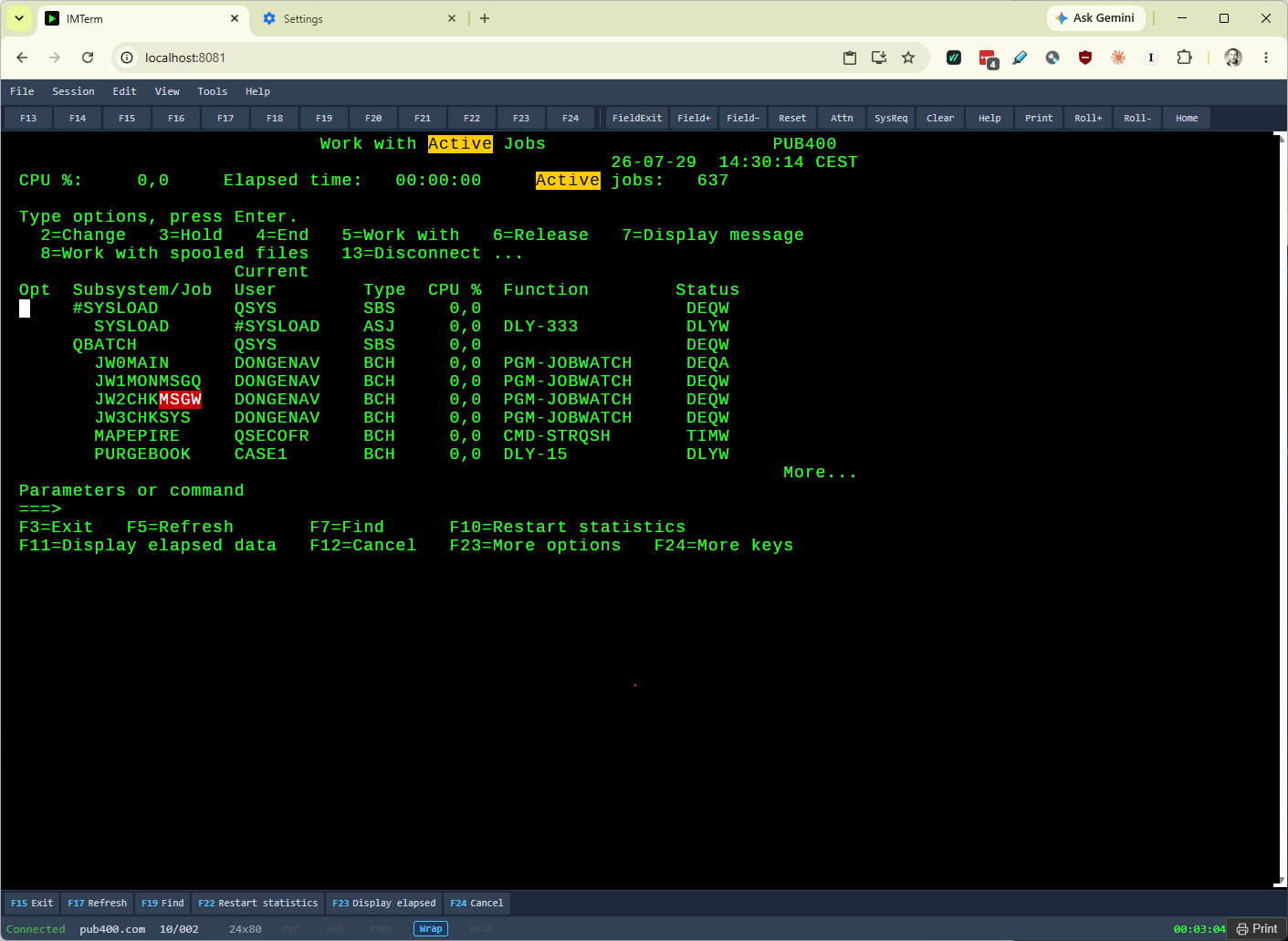 Auto-highlight rules on a live IBM i session - MSGW in red, Active in yellow