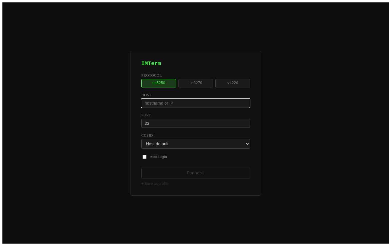 IMTerm new connection dialog showing three protocol buttons: TN5250E, TN3270E, and VT/SSH