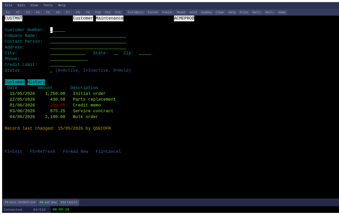 IMTerm Customer Maintenance screen with transaction history table