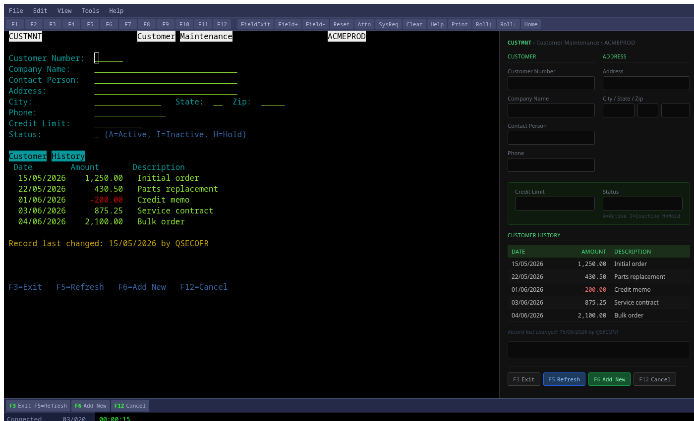 IMTerm split view — AS/400 terminal alongside a modern HTML form with bidirectional sync